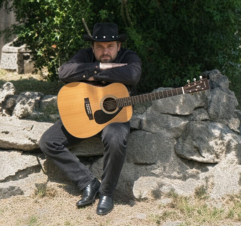 Nick Poma in a black cowboy hat with his acoustic guitar